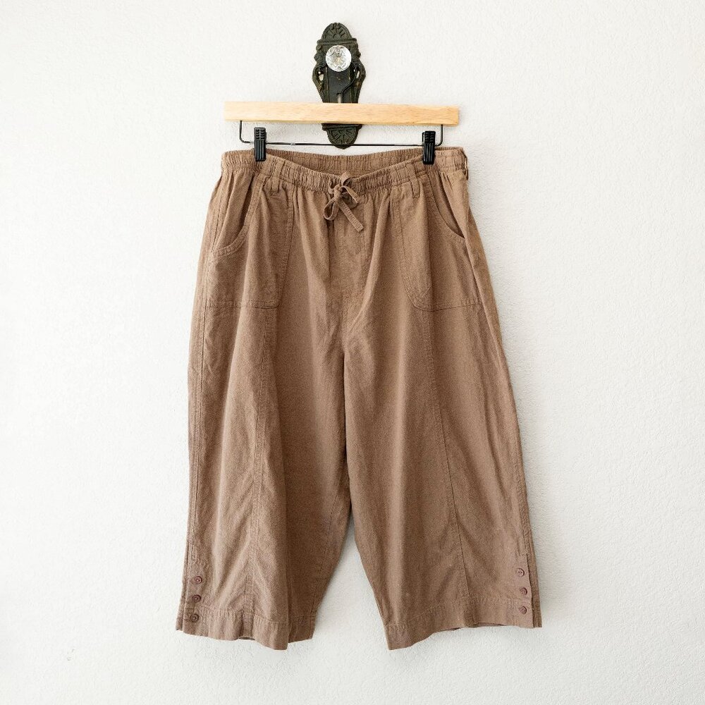 Karen Scott PXL Brown Wide Leg Cropped Pants Drawstring Cotton Capri Casual